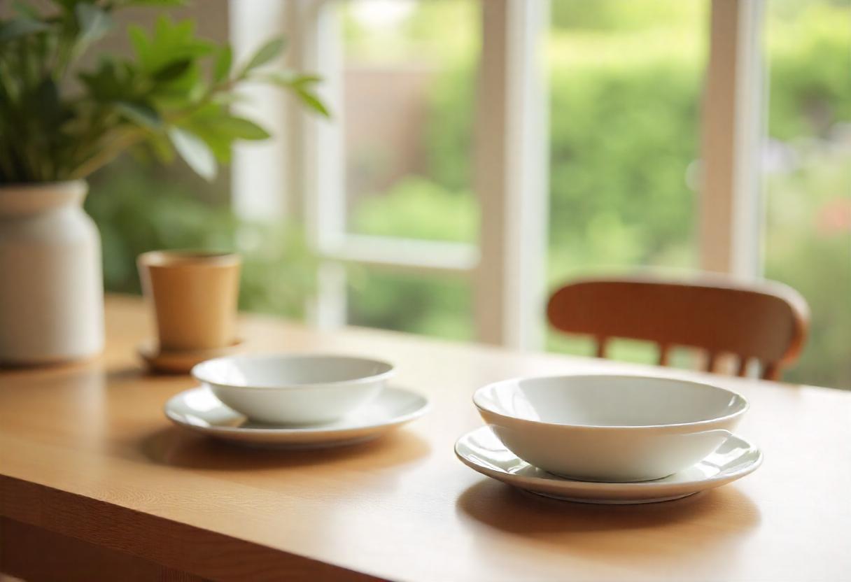 Plates on table จานชาม ตกแต่งโต๊ะอาหาร