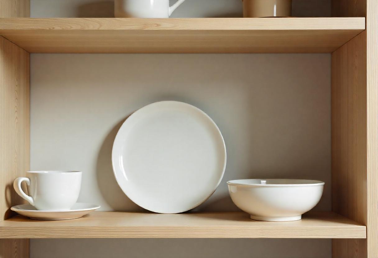 plate and bowl in shelves จัดวางจานชามบนชั้น